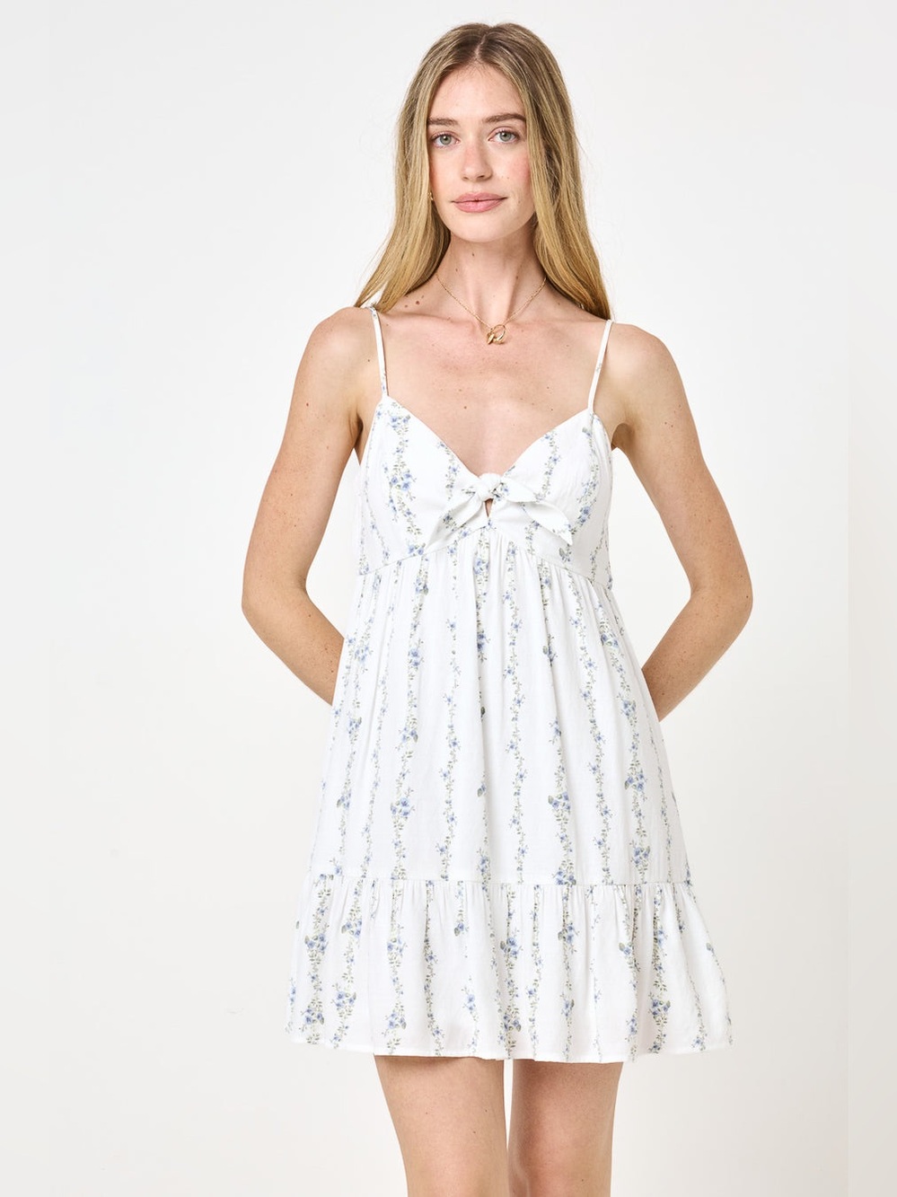 Blue & White Floral Tie Front Spaghetti Strap Dress Lined Women’s Size Medium